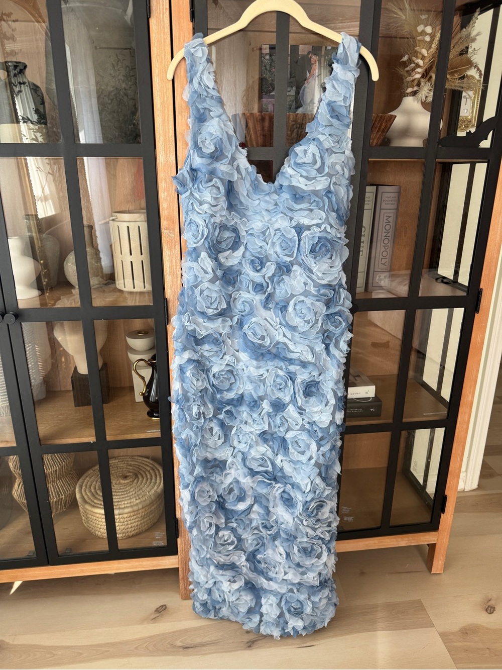 3D flowers applique midi dress vneck dusty blue rosettes baby shower floral maxi